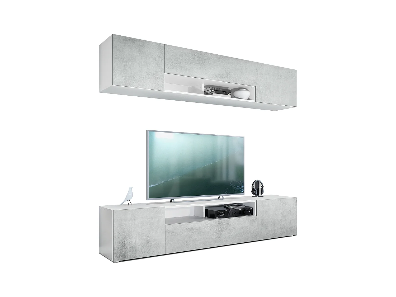 Meuble-paroi Mogan, blanc mat/aspect béton oxyde - Meuble mural moderne composé de 2 étagères TV (181 x 147 x 35 cm)