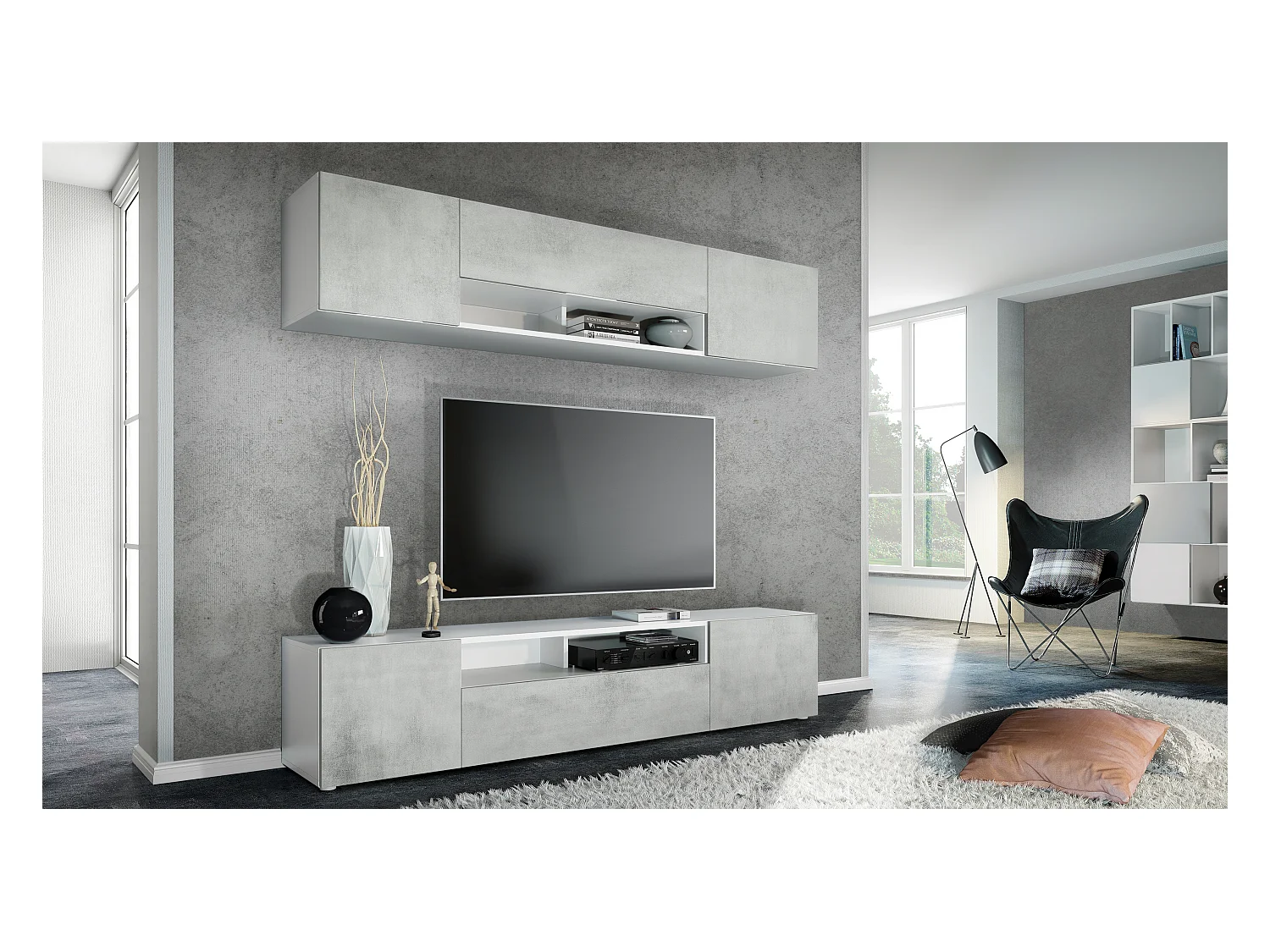 Meuble-paroi Mogan, blanc mat/aspect béton oxyde - Meuble mural moderne composé de 2 étagères TV (181 x 147 x 35 cm)