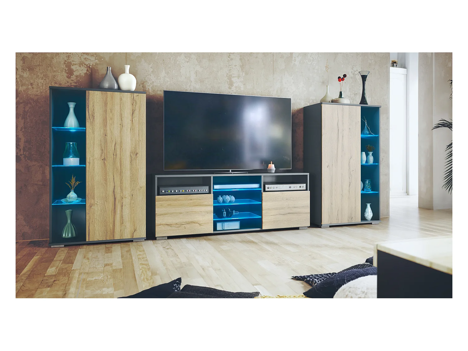 Ensemble mural Davos pour salon, comprenant 2 vitrines et 1 meuble TV, anthracite mat/chêne nature éclairage LED inclus (329 x 134 x 35 cm)