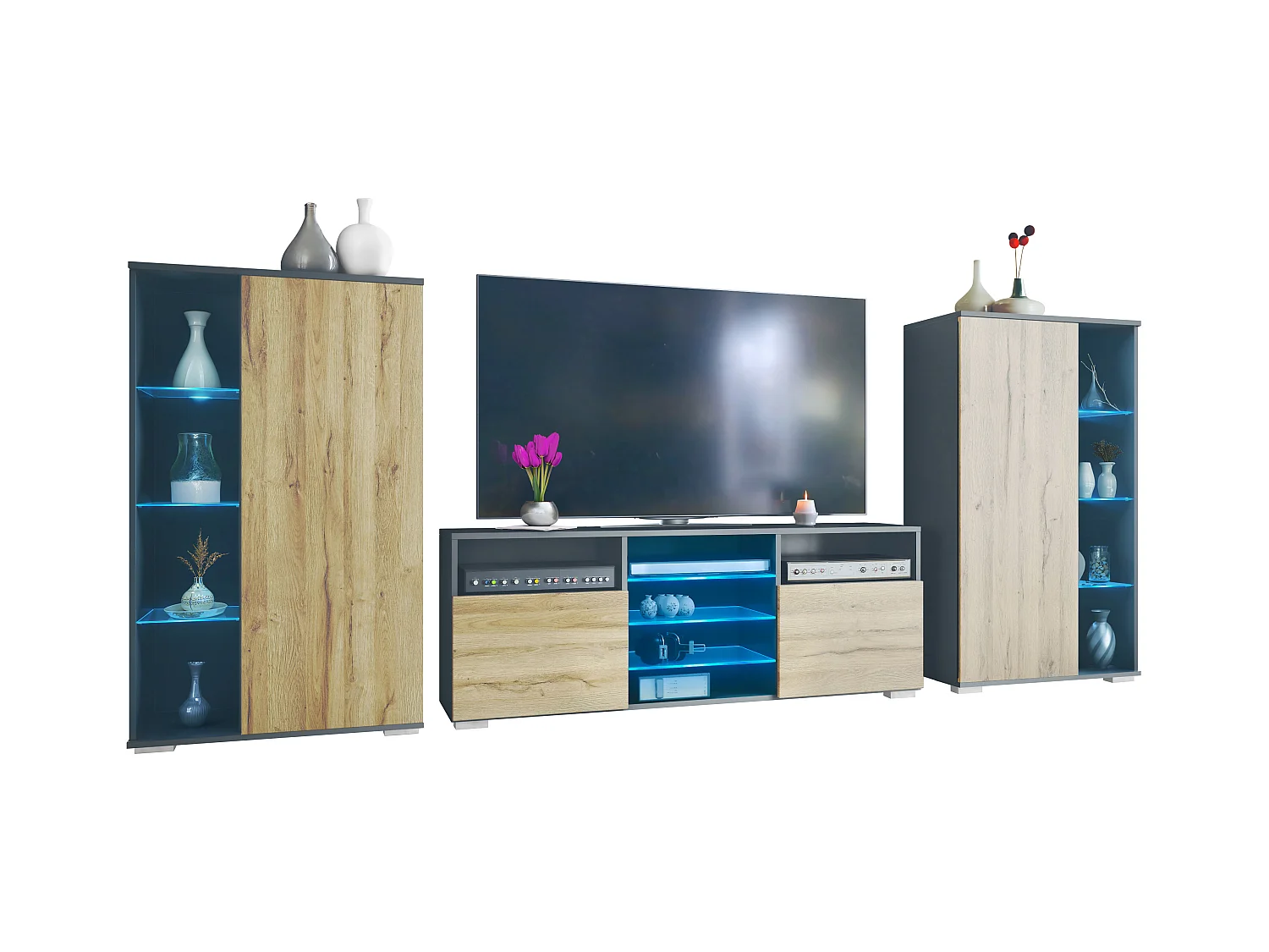 Ensemble mural Davos pour salon, comprenant 2 vitrines et 1 meuble TV, anthracite mat/chêne nature éclairage LED inclus (329 x 134 x 35 cm)