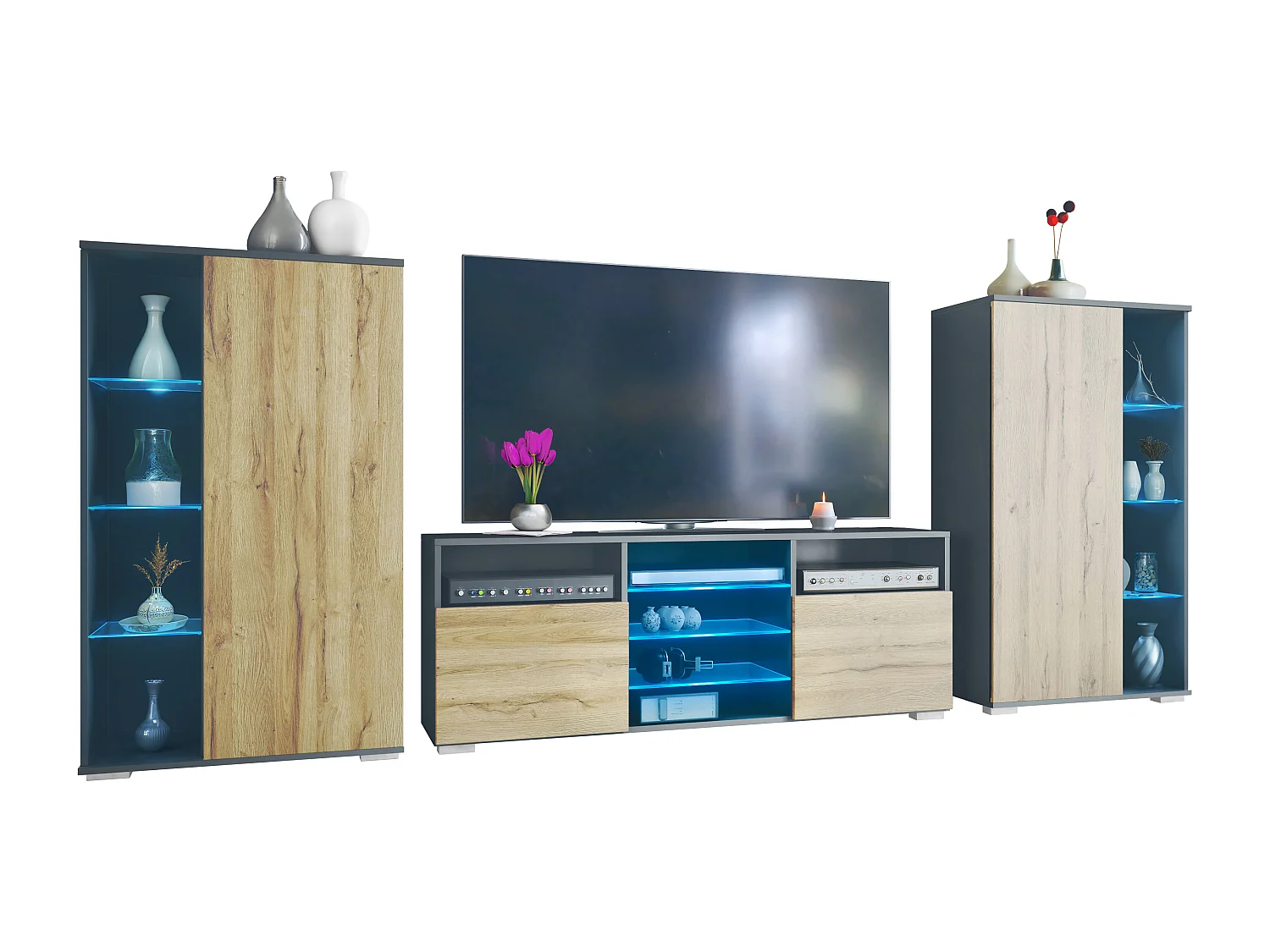 Ensemble mural Davos pour salon, comprenant 2 vitrines et 1 meuble TV, anthracite mat/chêne nature éclairage LED inclus (329 x 134 x 35 cm)