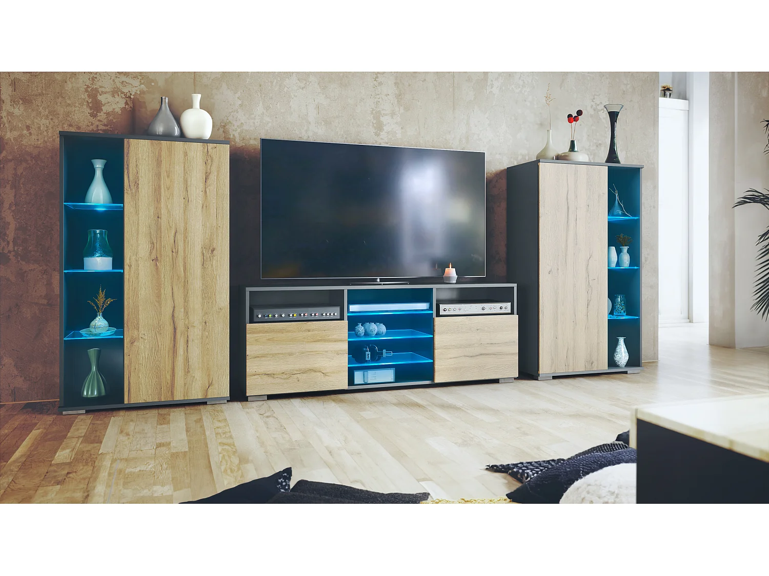 Ensemble mural Davos pour salon, comprenant 2 vitrines et 1 meuble TV, anthracite mat/chêne nature éclairage LED inclus (329 x 134 x 35 cm)