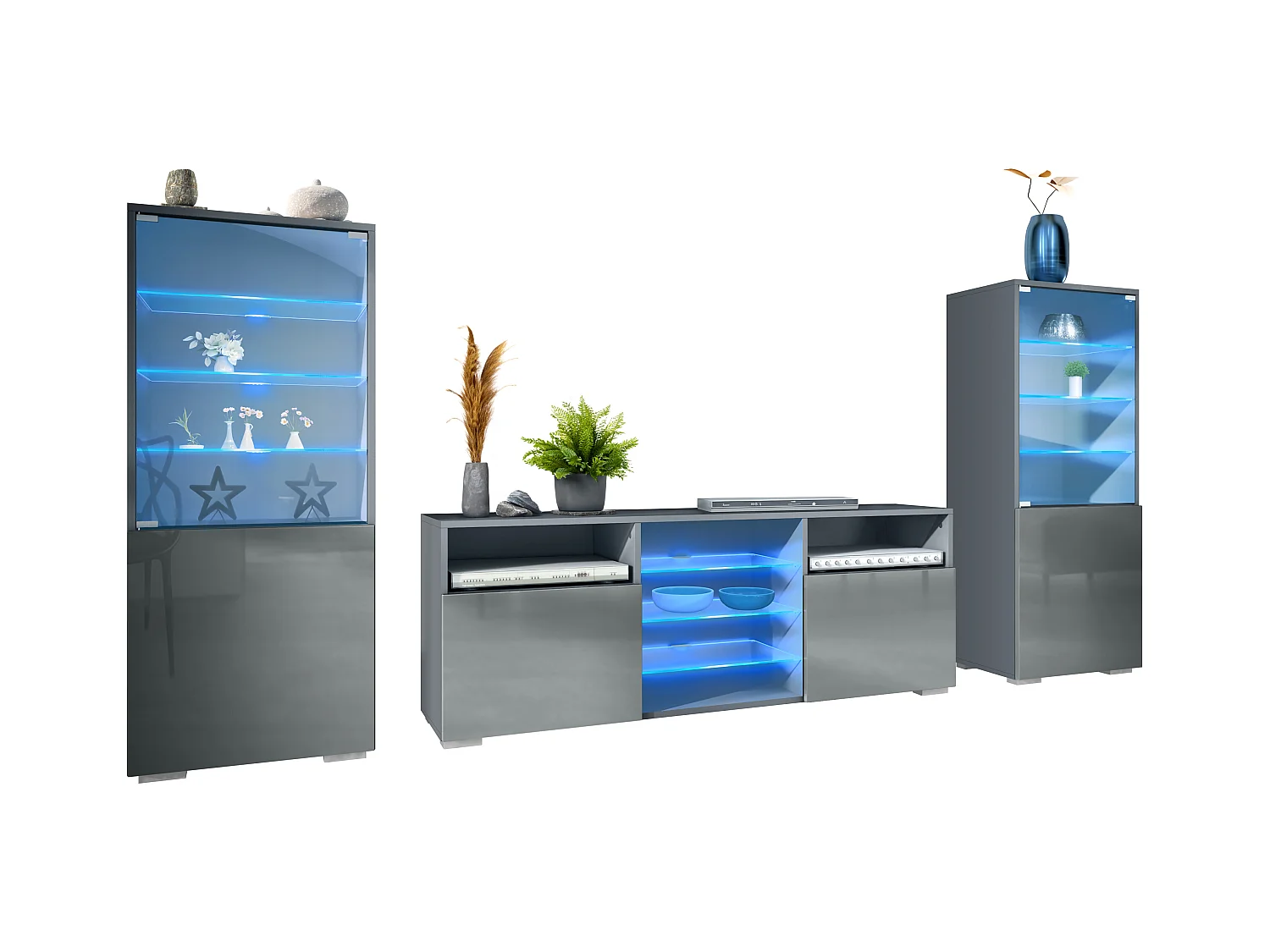 Ensemble mural Granada pour salon, comprenant 2 vitrines et 1 meuble TV, anthracite mat/gris haute brillance éclairage LED inclus (286 x 122,5 x 35 cm)