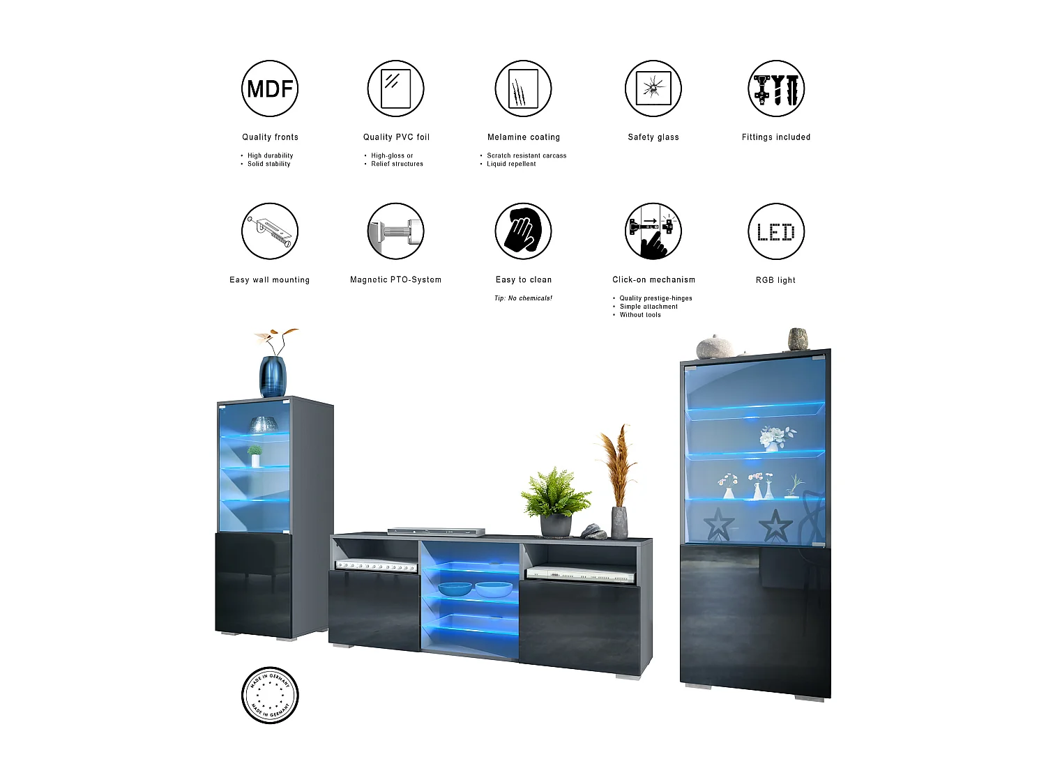 Mueble de pared Granada para sala de estar, compuesto por 2 vitrinas y 1 mueble de TV,antracita mate/gris de alto brillo incl. iluminación LED (286 x 122,5 x 35 cm)