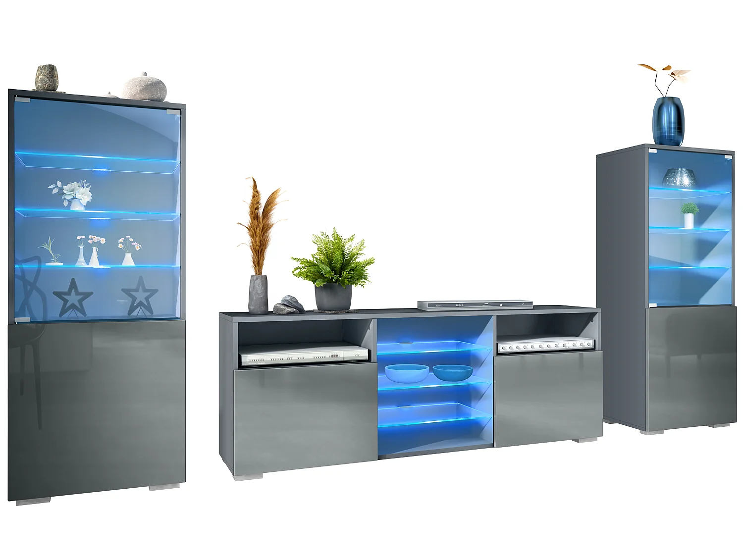 Mobile parete Granada per soggiorno, composto da 2 vetrine e 1 mobile TV, antracite opaco /grigio lucido incl. illuminazione a LED (286 x 122,5 x 35 cm)