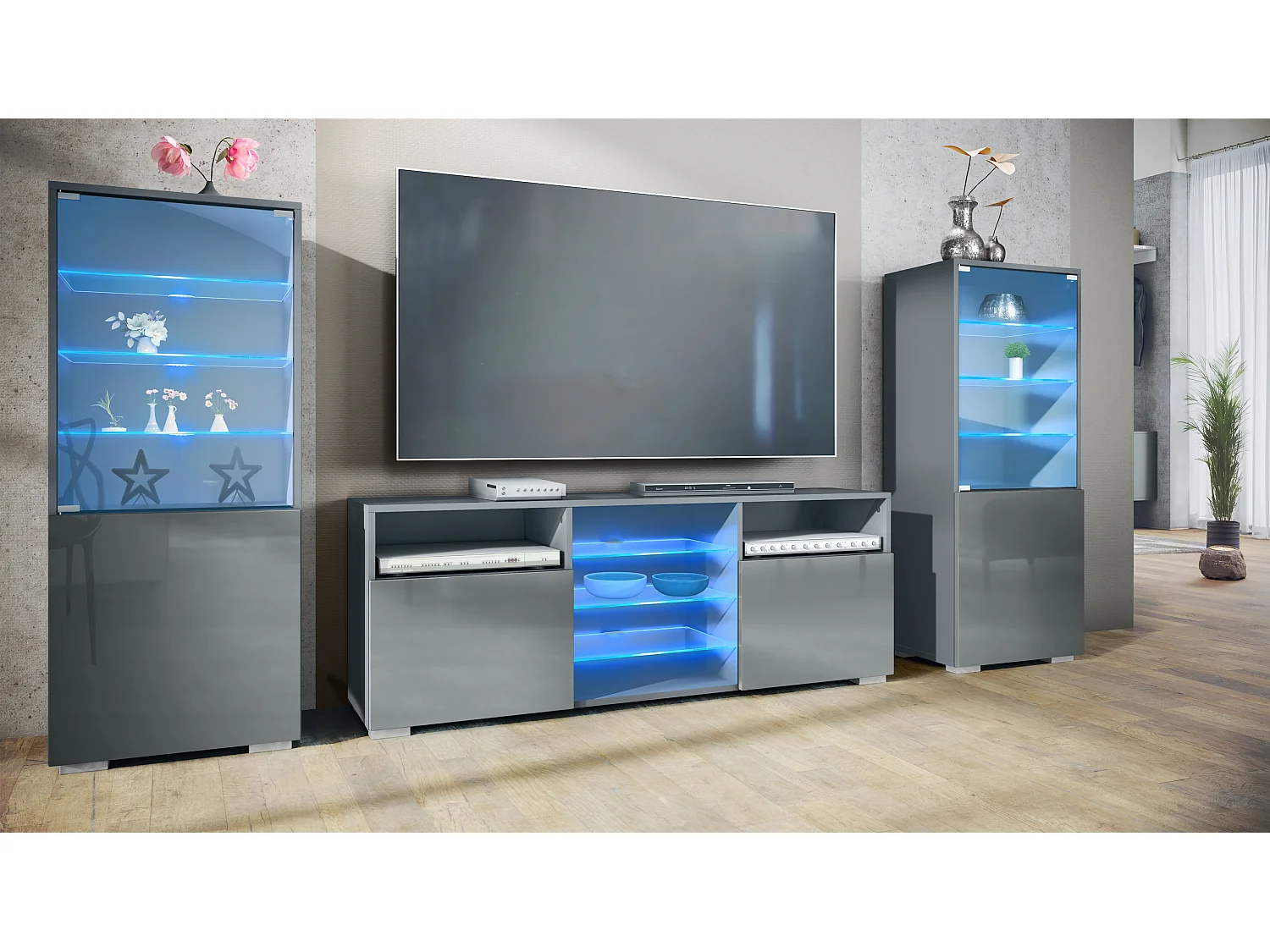 Mobile parete Granada per soggiorno, composto da 2 vetrine e 1 mobile TV, antracite opaco /grigio lucido incl. illuminazione a LED (286 x 122,5 x 35 cm)