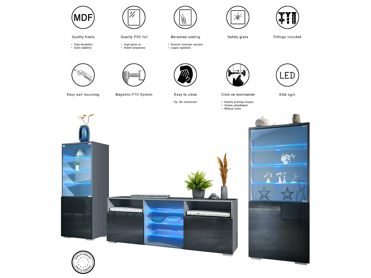 Mobile parete Granada per soggiorno, composto da 2 vetrine e 1 mobile TV, antracite opaco /grigio lucido incl. illuminazione a LED (286 x 122,5 x 35 cm)