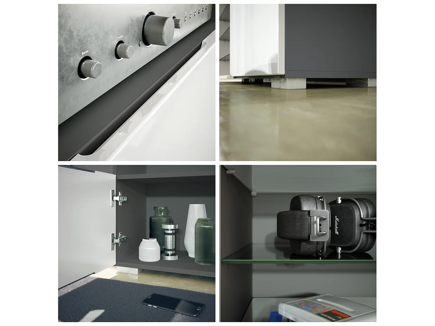 Mobile parete Granada per soggiorno, composto da 2 vetrine e 1 mobile TV, antracite opaco /grigio lucido incl. illuminazione a LED (286 x 122,5 x 35 cm)