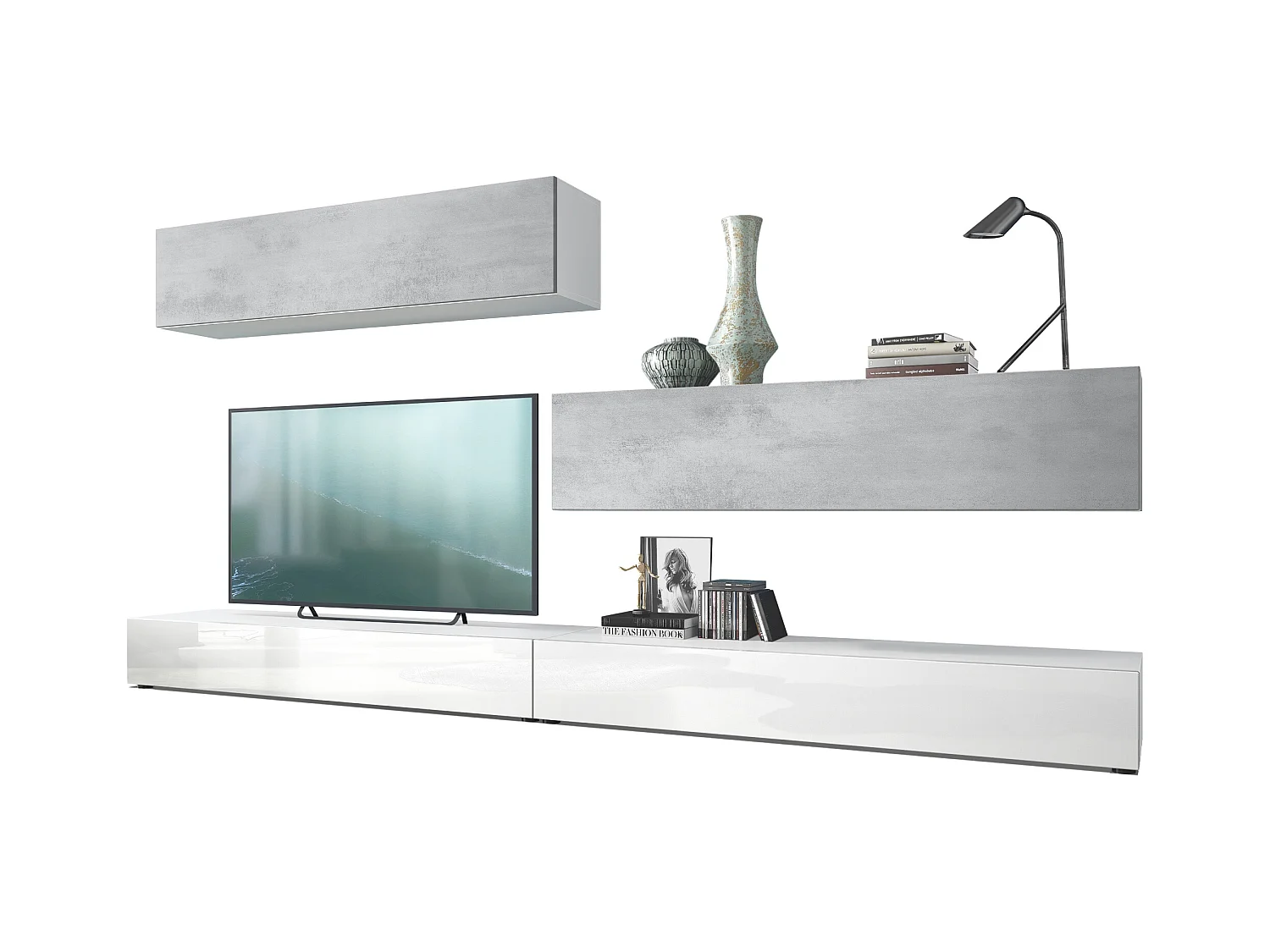Combinaison murale Armoire Nublo, Corps en Blanc mat / Façades en Blanc haute brillance et Aspect Béton Oxyde