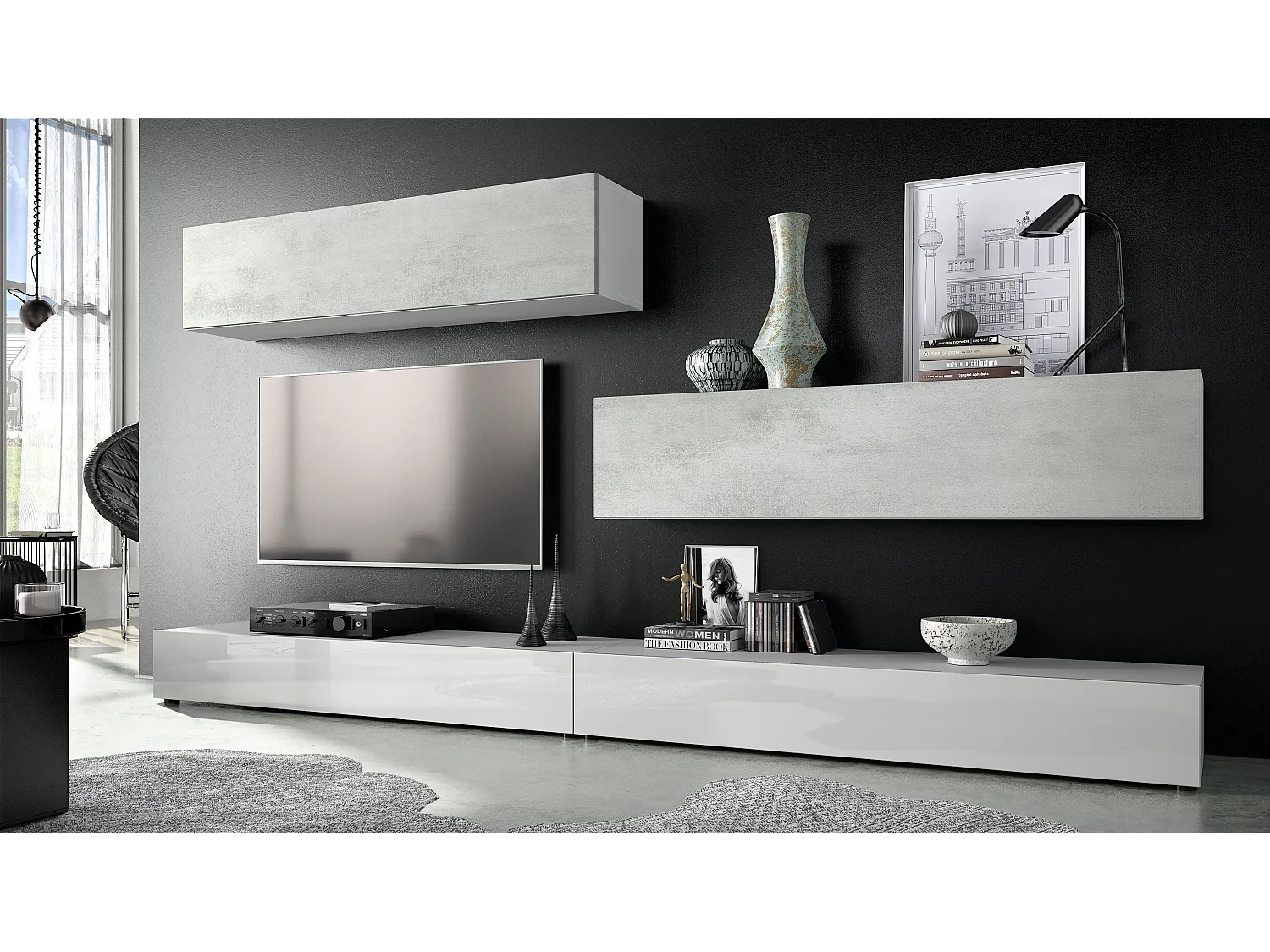 Combinaison murale Armoire Nublo, Corps en Blanc mat / Façades en Blanc haute brillance et Aspect Béton Oxyde