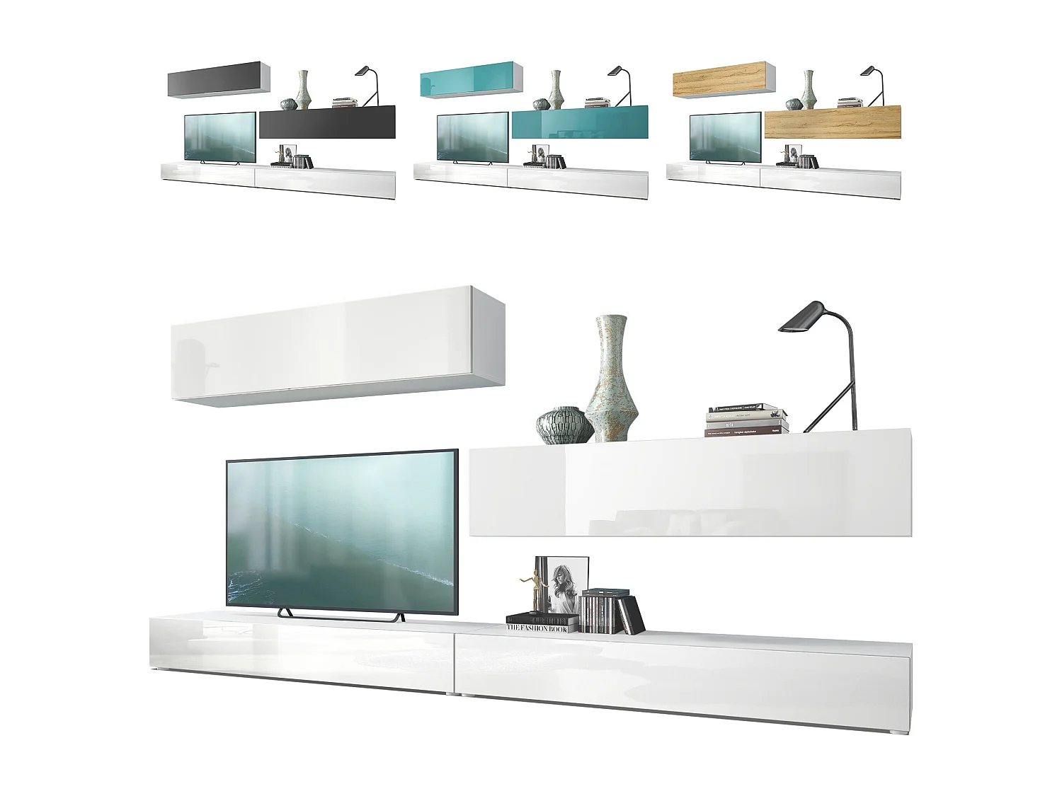 Combinaison murale Armoire Nublo, Corps en Blanc mat / Façades en Blanc haute brillance et Aspect Béton Oxyde