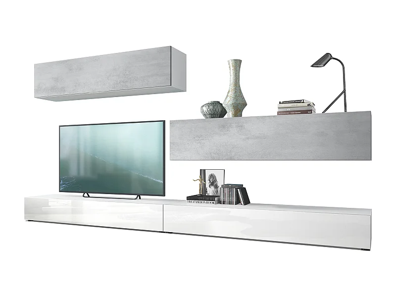 Combinaison murale Armoire Nublo, Corps en Blanc mat / Façades en Blanc haute brillance et Aspect Béton Oxyde