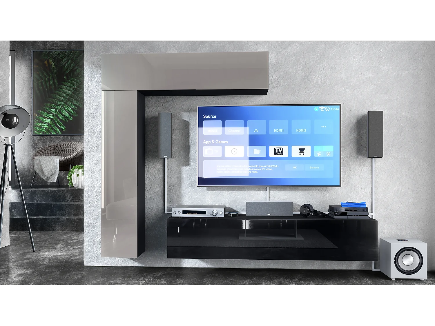 Meuble-paroi Taurito, noir mat/gris sable haute brillance - Meuble-paroi moderne pour votre salon (320 x 182 x 39 cm)