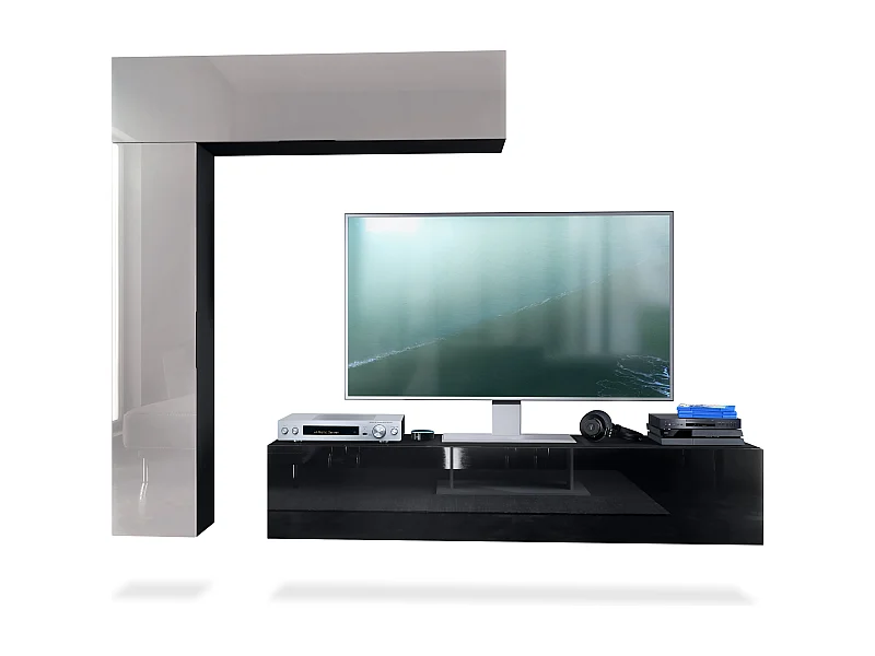 Vladon pared viva Taurito, negro mate/gris arena de alto brillo - Mueble alto moderno para su salón (320 x 182 x 39 cm)