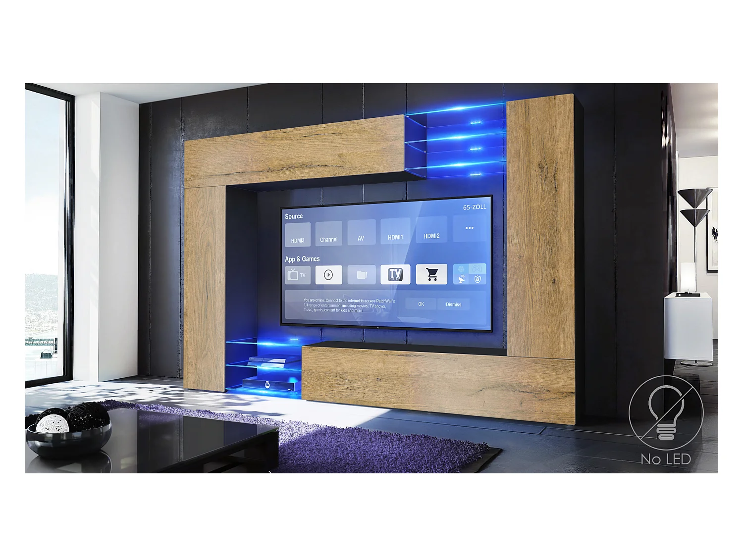 Meuble TV mural Mirage, Ensemble étagère TV avec panneau arrière et 2 portes, 2 clapets et 6 étagères en verre, Noir mat/Chêne Nature (262 x 183 x 39 cm)