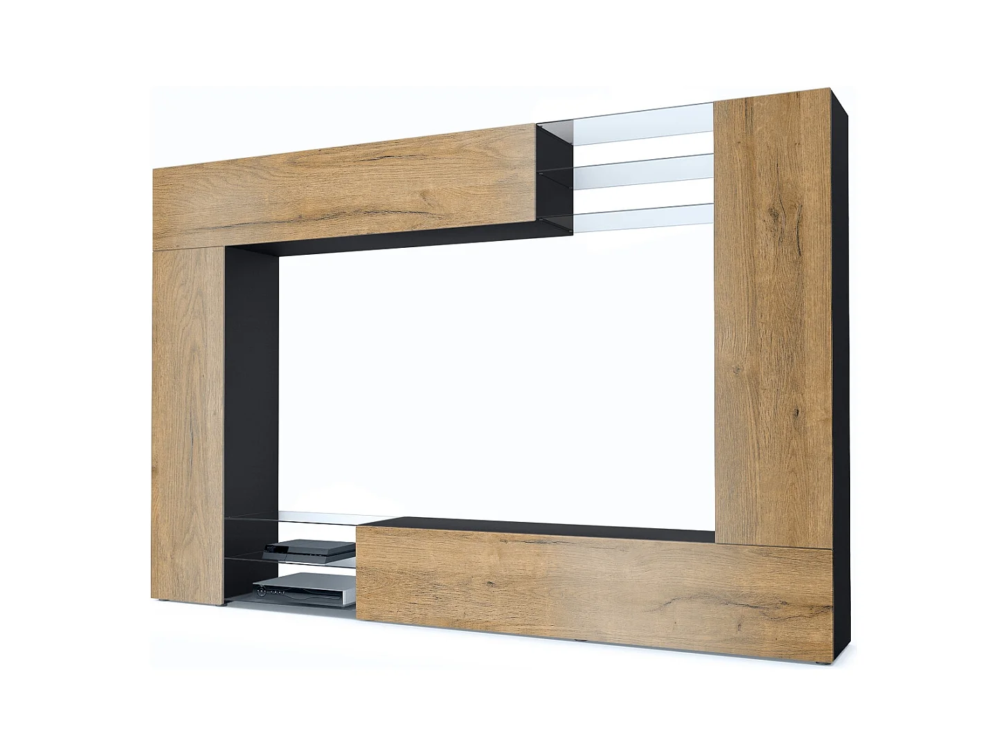 Meuble TV mural Mirage, Ensemble étagère TV avec panneau arrière et 2 portes, 2 clapets et 6 étagères en verre, Noir mat/Chêne Nature (262 x 183 x 39 cm)