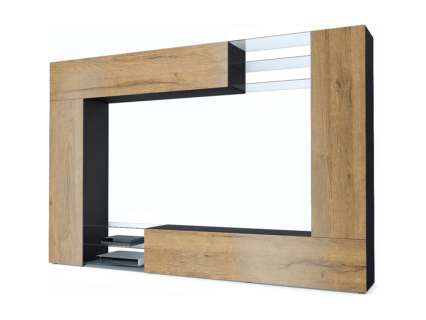 Meuble TV mural Mirage, Ensemble étagère TV avec panneau arrière et 2 portes, 2 clapets et 6 étagères en verre, Noir mat/Chêne Nature (262 x 183 x 39 cm)