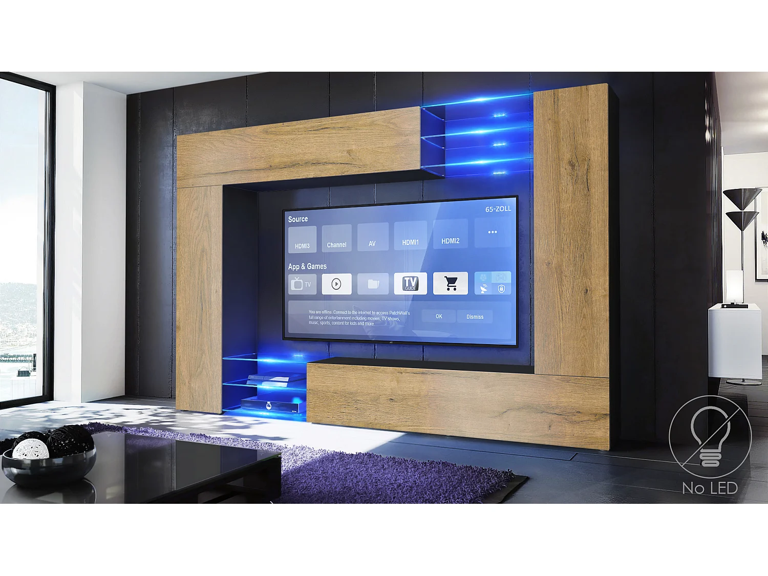 Meuble TV mural Mirage, Ensemble étagère TV avec panneau arrière et 2 portes, 2 clapets et 6 étagères en verre, Noir mat/Chêne Nature (262 x 183 x 39 cm)