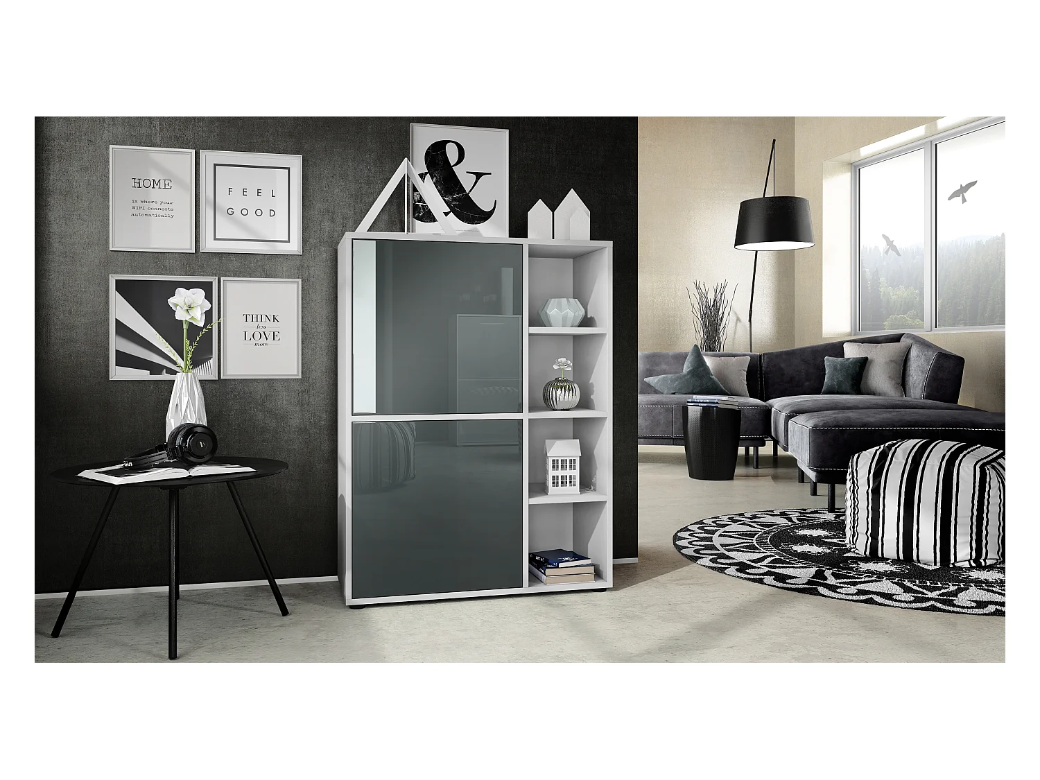 Ensemble pour salon Miami, composé de deux buffets hauts avec un total de 6 portes et 8 compartiments, corps en blanc mat, façades en gris haute brillance.