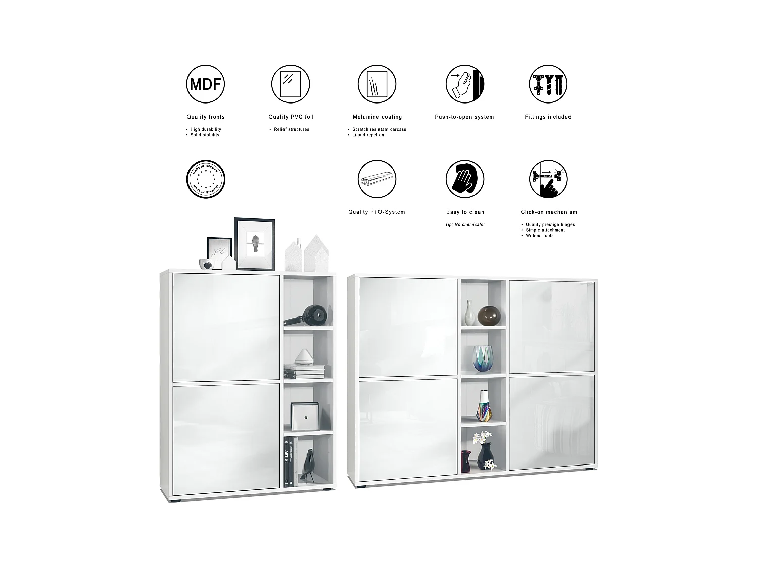 Ensemble pour salon Miami, composé de deux buffets hauts avec un total de 6 portes et 8 compartiments, corps en blanc mat, façades en gris haute brillance.