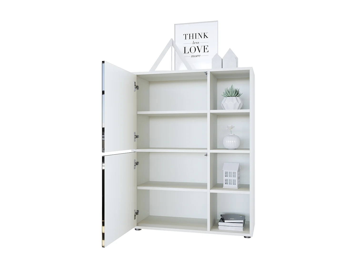 Ensemble pour salon Miami, composé de deux buffets hauts avec un total de 6 portes et 8 compartiments, corps en blanc mat, façades en gris haute brillance.