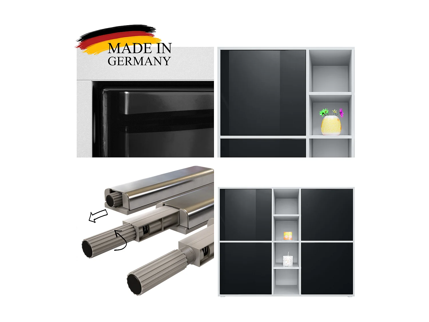 Ensemble pour salon Miami, composé de deux buffets hauts avec un total de 6 portes et 8 compartiments, corps en blanc mat, façades en gris haute brillance.