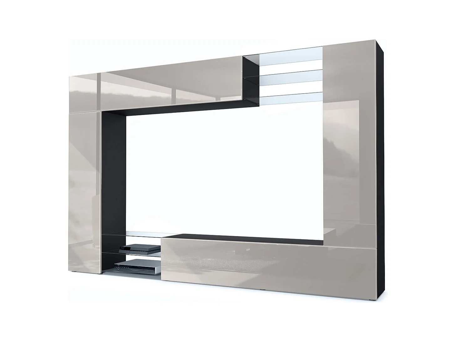 Meuble TV mural Mirage, Ensemble étagère TV et 2 portes, 2 clapets et 6 étagères en verre, Noir mat/Gris sable brillant (262 x 183 x 39 cm)