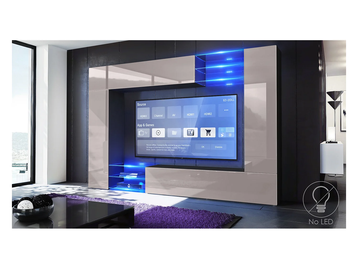 Meuble TV mural Mirage, Ensemble étagère TV et 2 portes, 2 clapets et 6 étagères en verre, Noir mat/Gris sable brillant (262 x 183 x 39 cm)