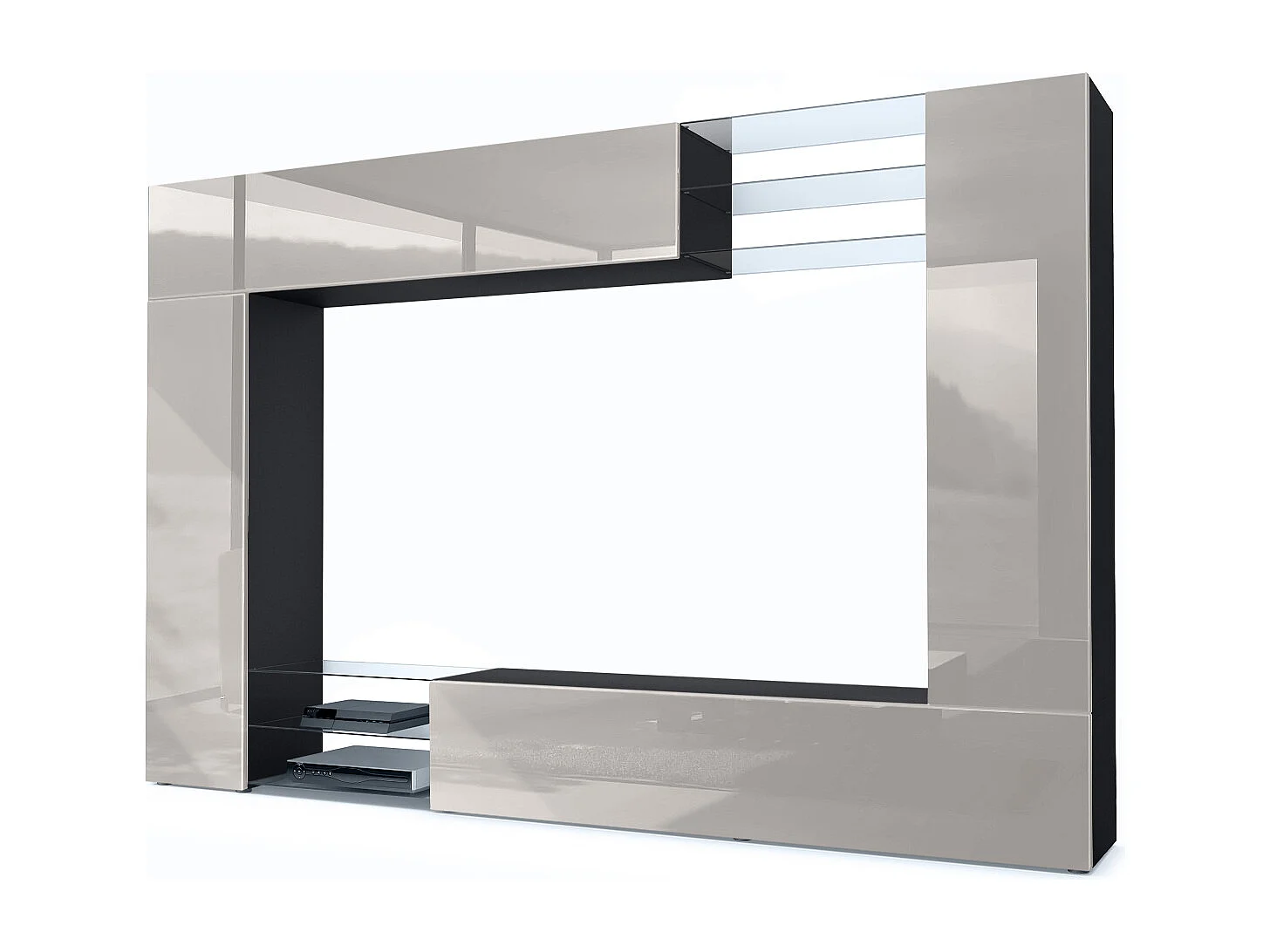 Meuble TV mural Mirage, Ensemble étagère TV et 2 portes, 2 clapets et 6 étagères en verre, Noir mat/Gris sable brillant (262 x 183 x 39 cm)