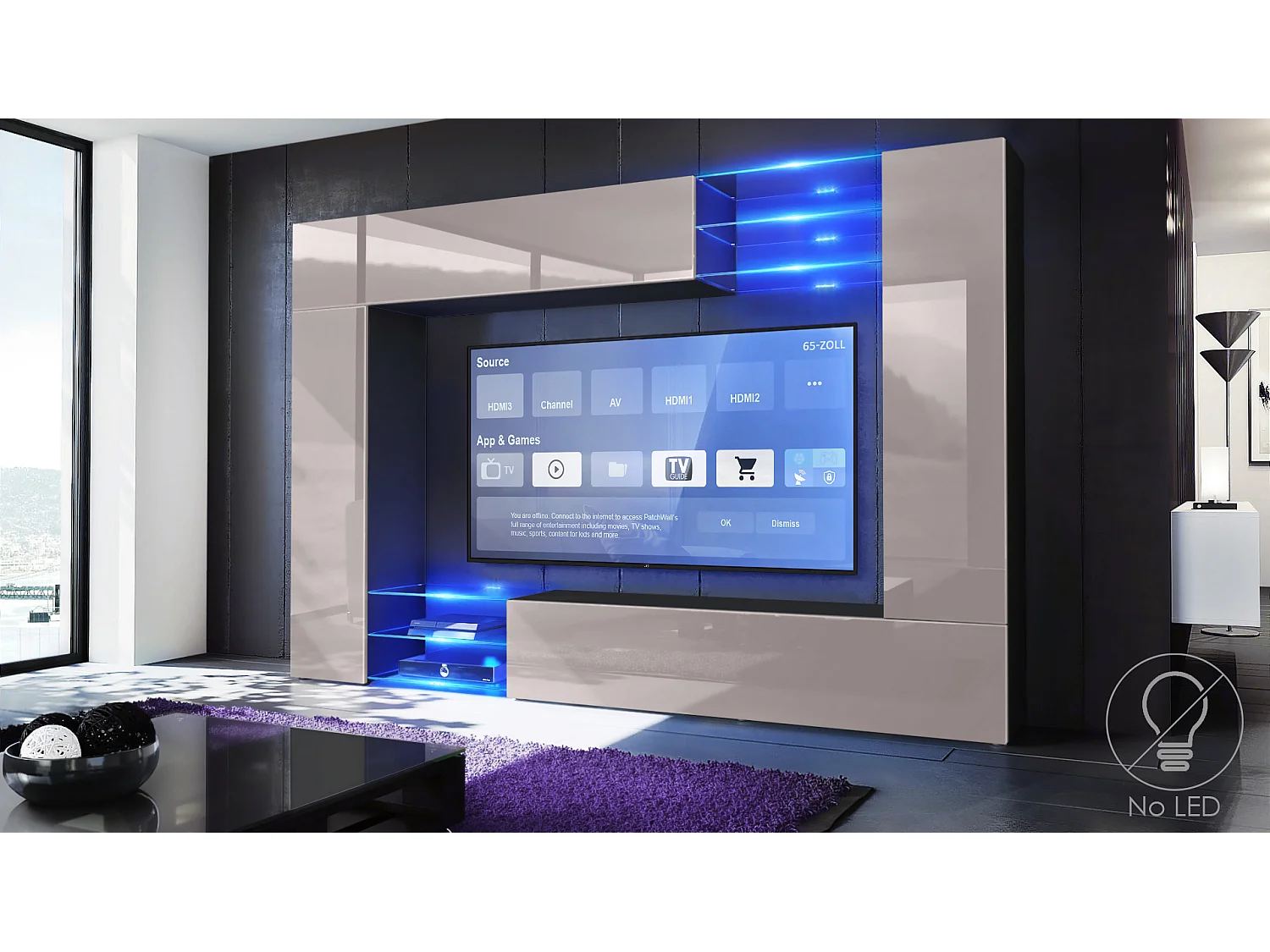 Meuble TV mural Mirage, Ensemble étagère TV et 2 portes, 2 clapets et 6 étagères en verre, Noir mat/Gris sable brillant (262 x 183 x 39 cm)