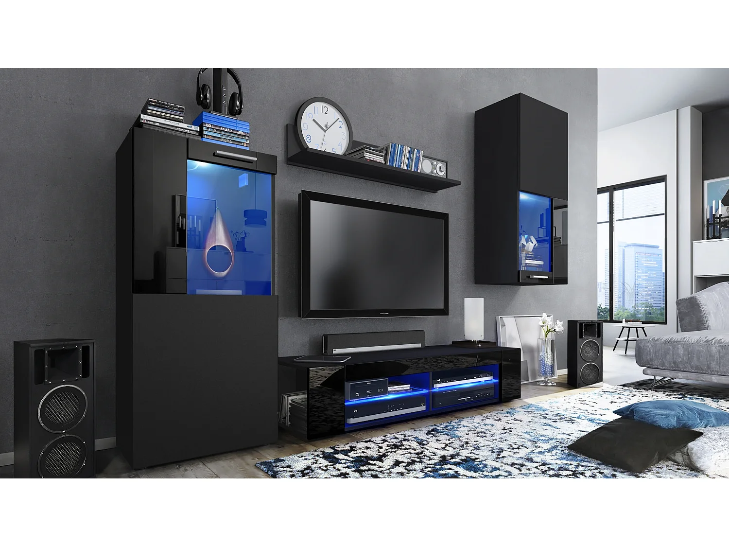 Ensemble de salon Movie comprenant 1 meuble bas TV, 2 vitrines et 1 étagère, Noir mat/Noir haute brillance, (Dimensions totales : 300 x 190 x 39 cm)