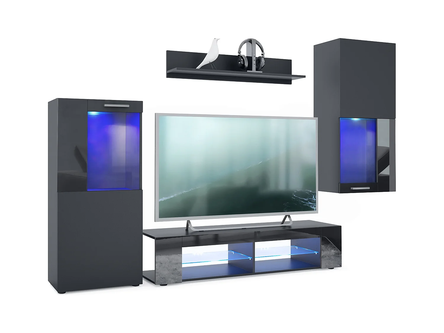 Ensemble de salon Movie comprenant 1 meuble bas TV, 2 vitrines et 1 étagère, Noir mat/Noir haute brillance, (Dimensions totales : 300 x 190 x 39 cm)