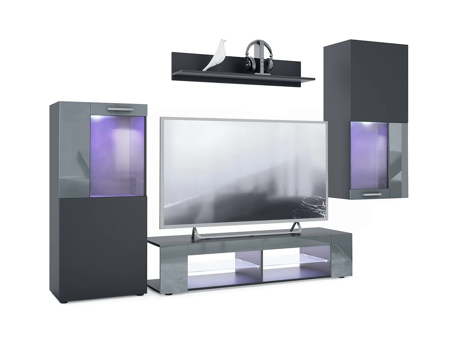 Ensemble de salon Movie comprenant 1 meuble bas TV, 2 vitrines et 1 étagère, Noir mat/Gris haute brillance, (Dimensions totales : 300 x 190 x 39 cm)