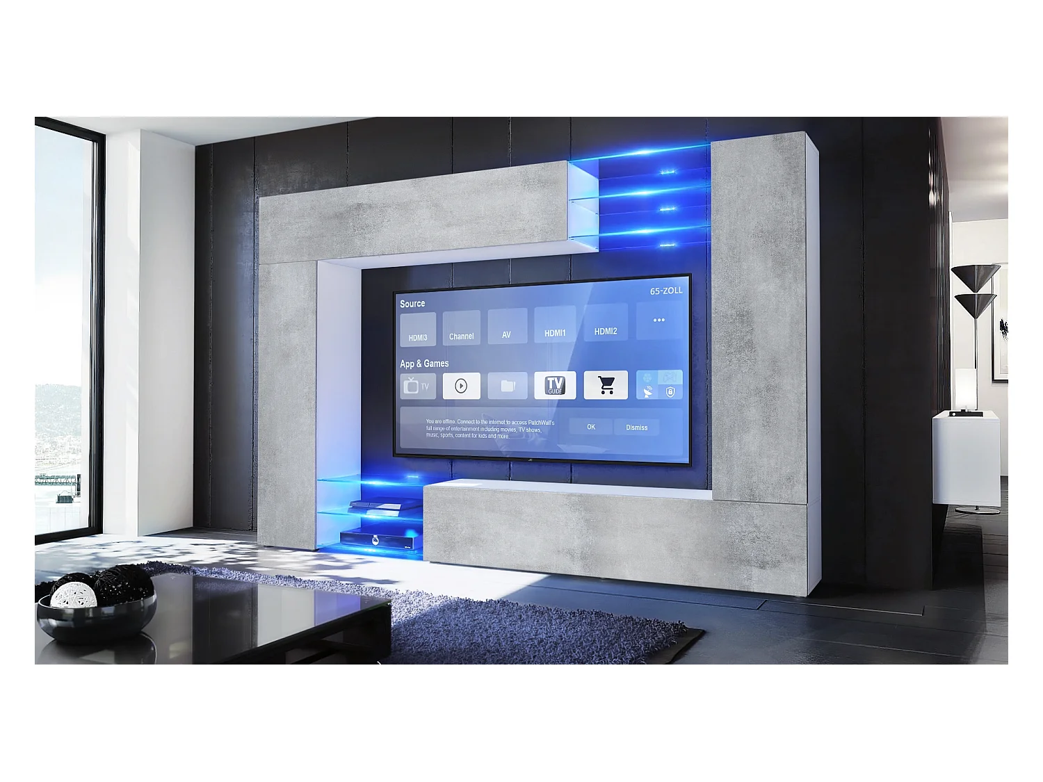Meuble TV mural Mirage, Ensemble étagère TV et 2 portes, 2 clapets et 6 étagères en verre, Blanc mat/Aspect Béton Oxyde, LED incluse (262 x 183 x 39 cm)