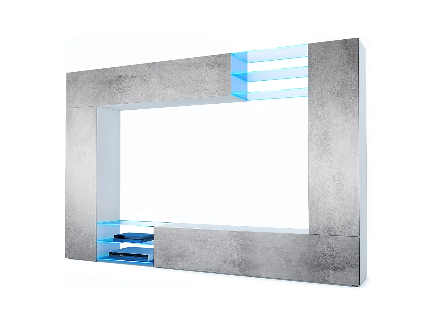 Meuble TV mural Mirage, Ensemble étagère TV et 2 portes, 2 clapets et 6 étagères en verre, Blanc mat/Aspect Béton Oxyde, LED incluse (262 x 183 x 39 cm)