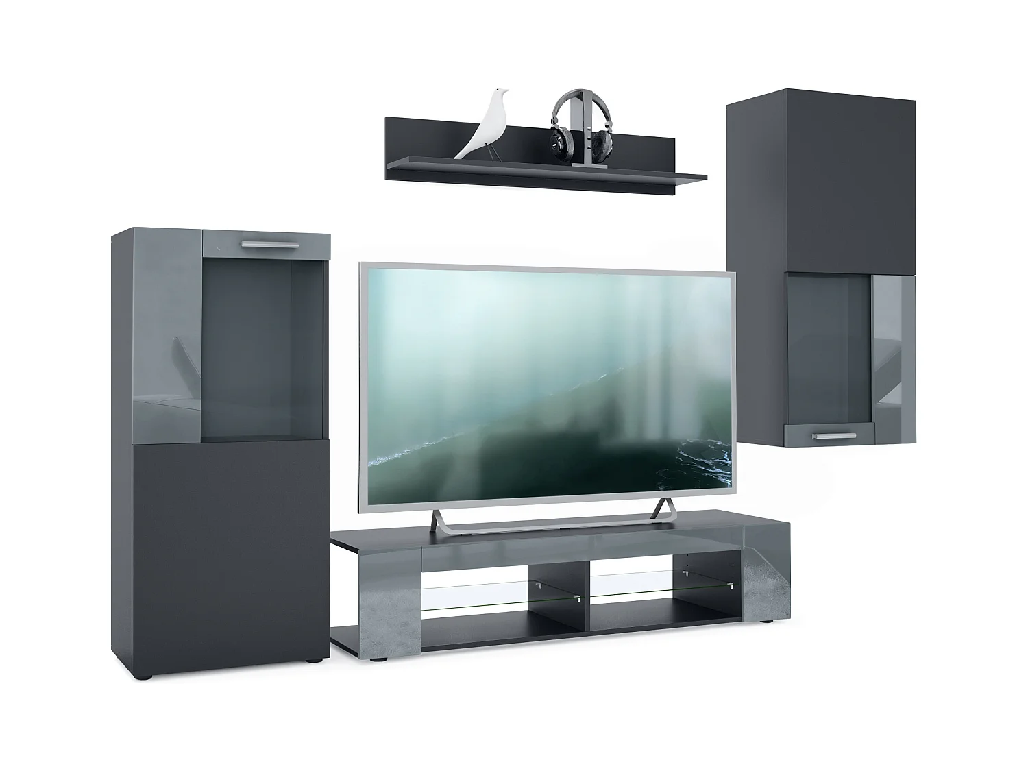 Ensemble de salon Movie comprenant 1 meuble bas TV, 2 vitrines et 1 étagère, Noir mat/Gris haute brillance, (Dimensions totales : 300 x 190 x 39 cm)