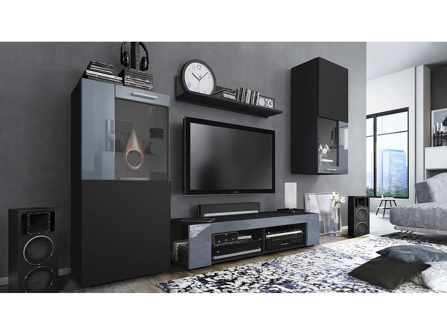 Ensemble de salon Movie comprenant 1 meuble bas TV, 2 vitrines et 1 étagère, Noir mat/Gris haute brillance, (Dimensions totales : 300 x 190 x 39 cm)