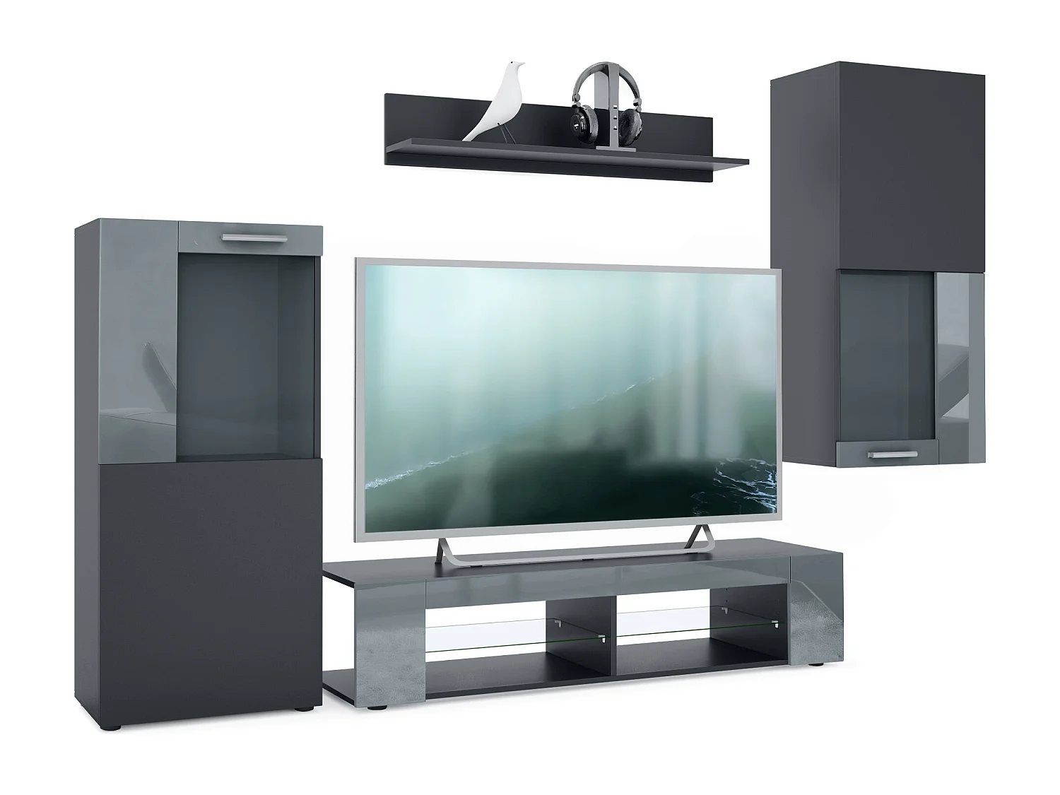 Ensemble de salon Movie comprenant 1 meuble bas TV, 2 vitrines et 1 étagère, Noir mat/Gris haute brillance, (Dimensions totales : 300 x 190 x 39 cm)