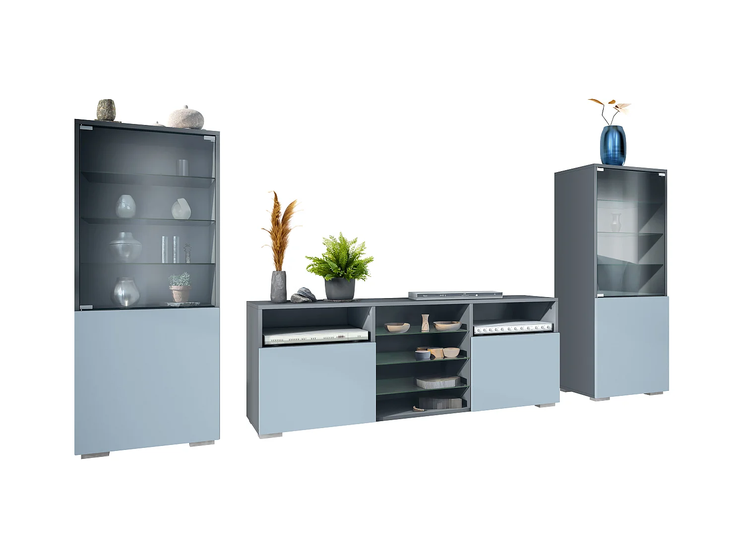 Ensemble mural Granada pour salon, comprenant 2 vitrines et 1 meuble TV, anthracite mat/denim mat (286 x 122,5 x 35 cm)