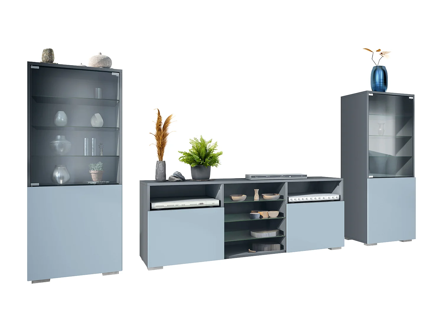 Mueble de pared Granada para sala de estar, compuesto por 2 vitrinas y 1 mueble de TV,antracita mate/mezclilla mate (286 x 122,5 x 35 cm)