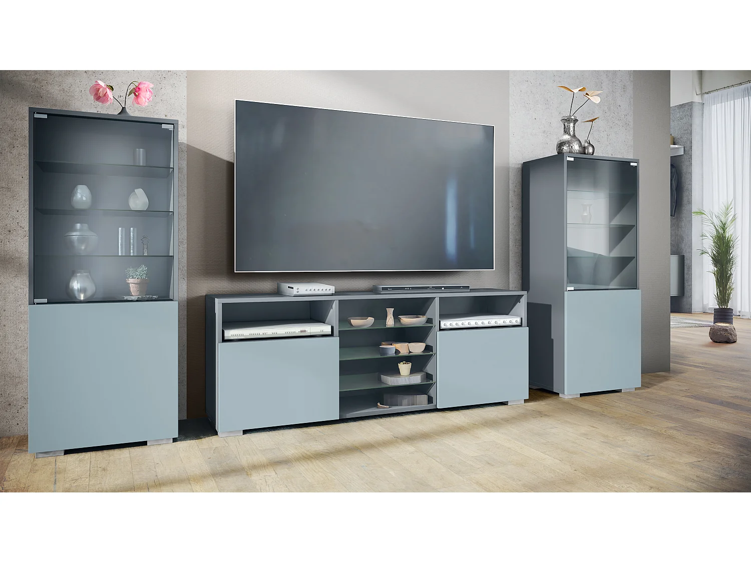 Mueble de pared Granada para sala de estar, compuesto por 2 vitrinas y 1 mueble de TV,antracita mate/mezclilla mate (286 x 122,5 x 35 cm)