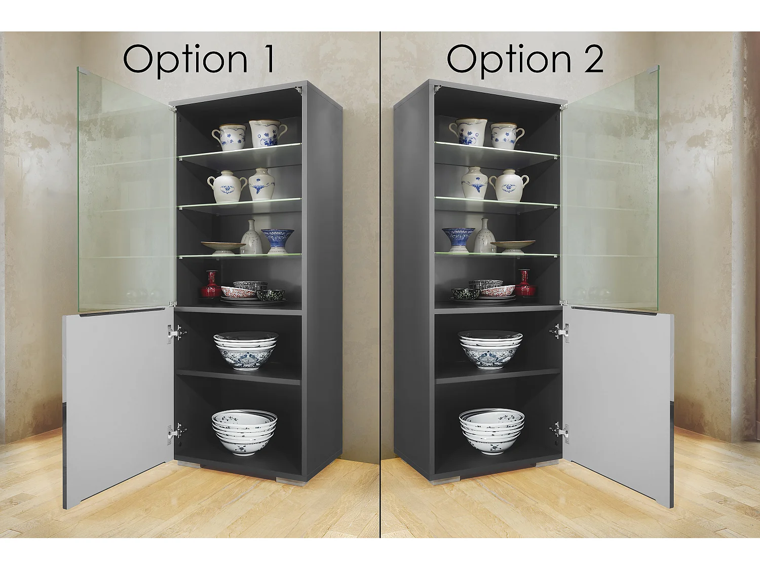 Mueble de pared Granada para sala de estar, compuesto por 2 vitrinas y 1 mueble de TV,antracita mate/mezclilla mate (286 x 122,5 x 35 cm)