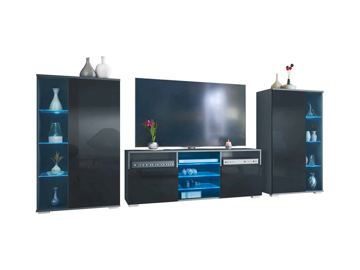 Ensemble mural Davos pour salon, comprenant 2 vitrines et 1 meuble TV, anthracite mat/noir haute brillance éclairage LED inclus (329 x 134 x 35 cm)
