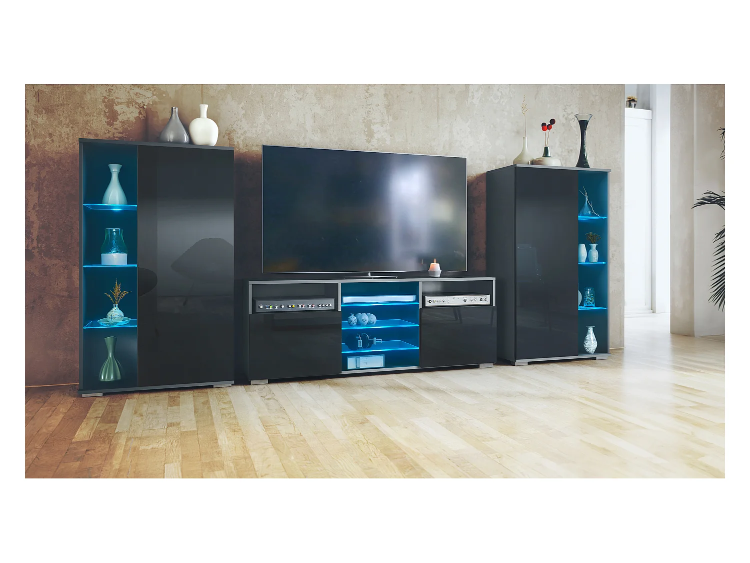 Ensemble mural Davos pour salon, comprenant 2 vitrines et 1 meuble TV, anthracite mat/noir haute brillance éclairage LED inclus (329 x 134 x 35 cm)
