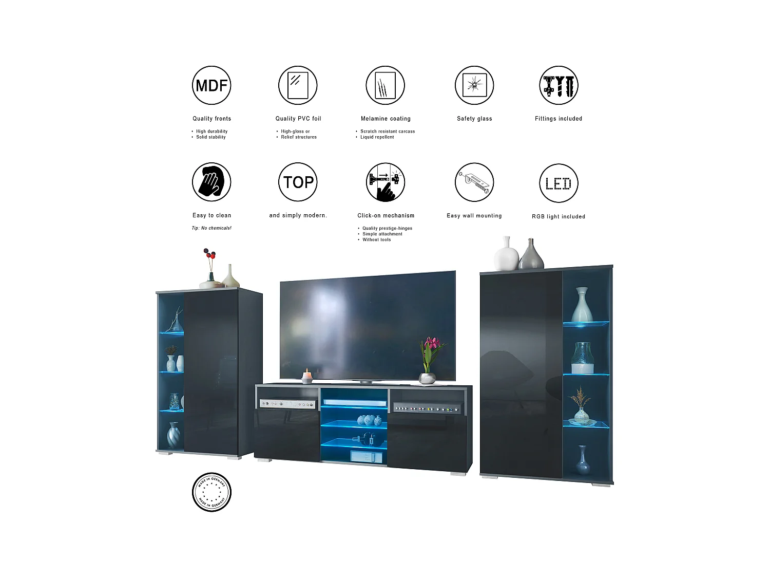 Ensemble mural Davos pour salon, comprenant 2 vitrines et 1 meuble TV, anthracite mat/noir haute brillance éclairage LED inclus (329 x 134 x 35 cm)