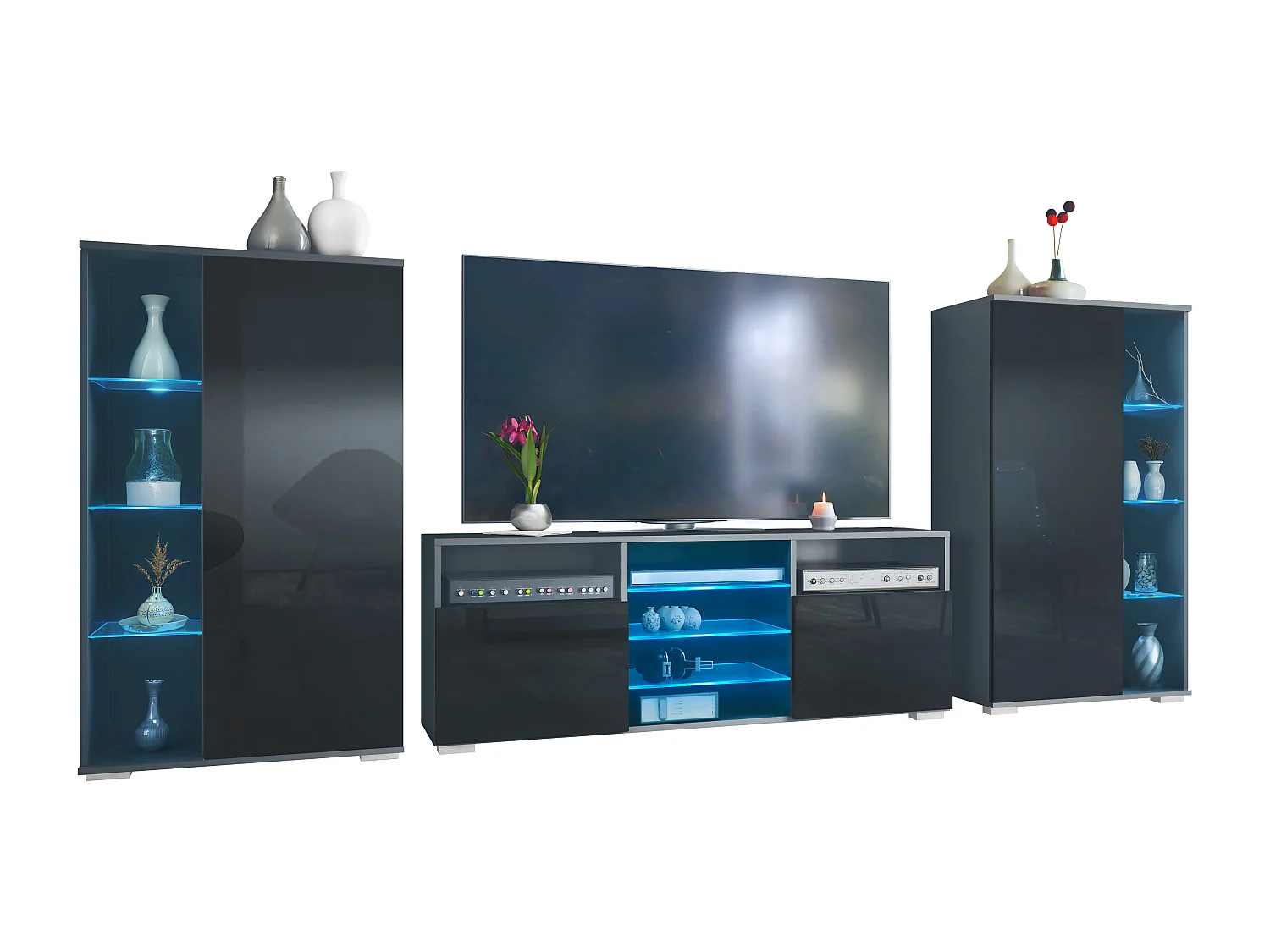 Ensemble mural Davos pour salon, comprenant 2 vitrines et 1 meuble TV, anthracite mat/noir haute brillance éclairage LED inclus (329 x 134 x 35 cm)