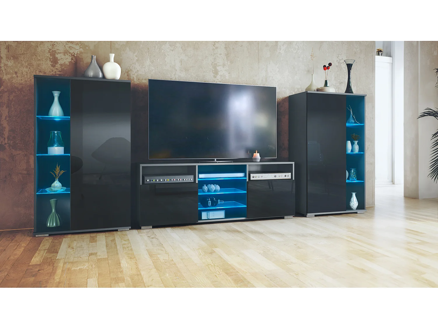 Ensemble mural Davos pour salon, comprenant 2 vitrines et 1 meuble TV, anthracite mat/noir haute brillance éclairage LED inclus (329 x 134 x 35 cm)