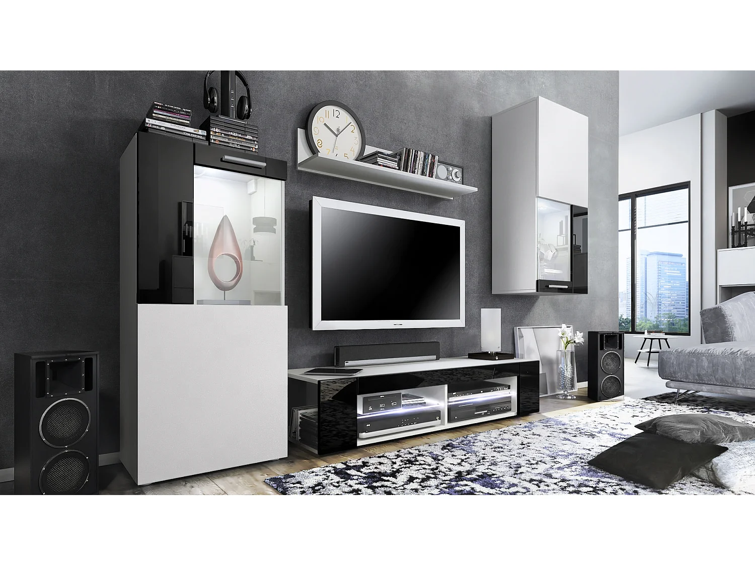 Ensemble de salon Movie comprenant 1 meuble bas TV, 2 vitrines et 1 étagère, Blanc mat/Noir haute brillance, (Dimensions totales : 300 x 190 x 39 cm)