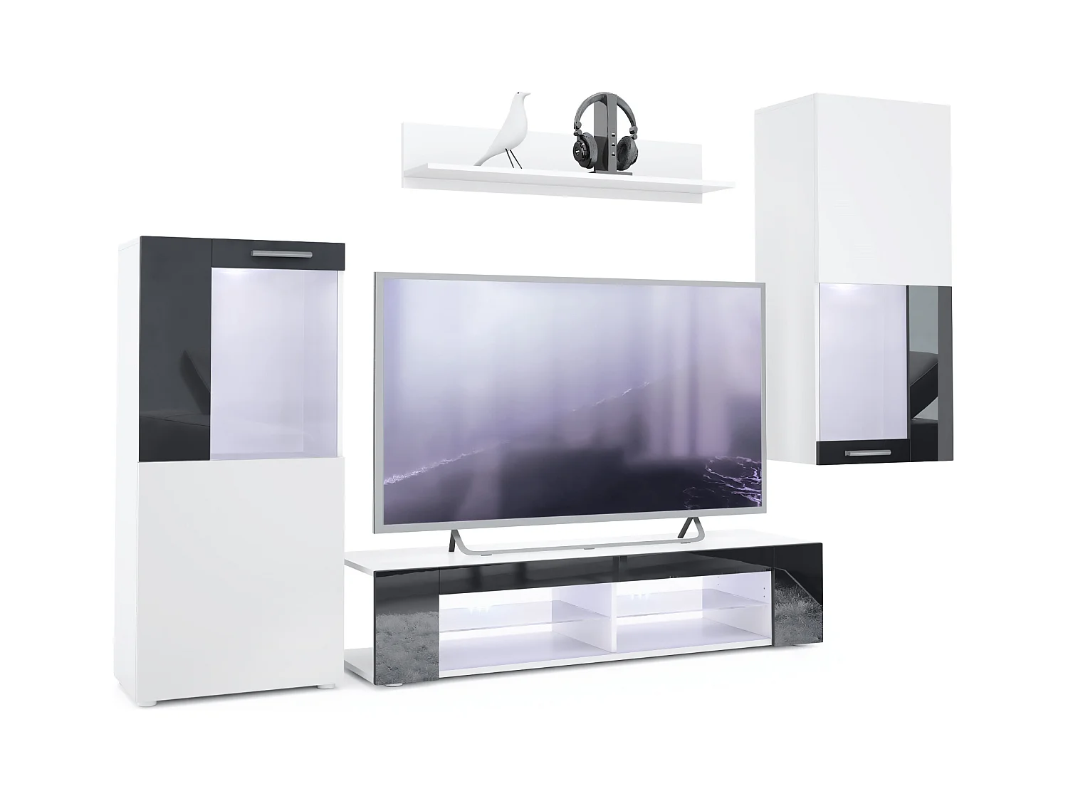 Ensemble de salon Movie comprenant 1 meuble bas TV, 2 vitrines et 1 étagère, Blanc mat/Noir haute brillance, (Dimensions totales : 300 x 190 x 39 cm)