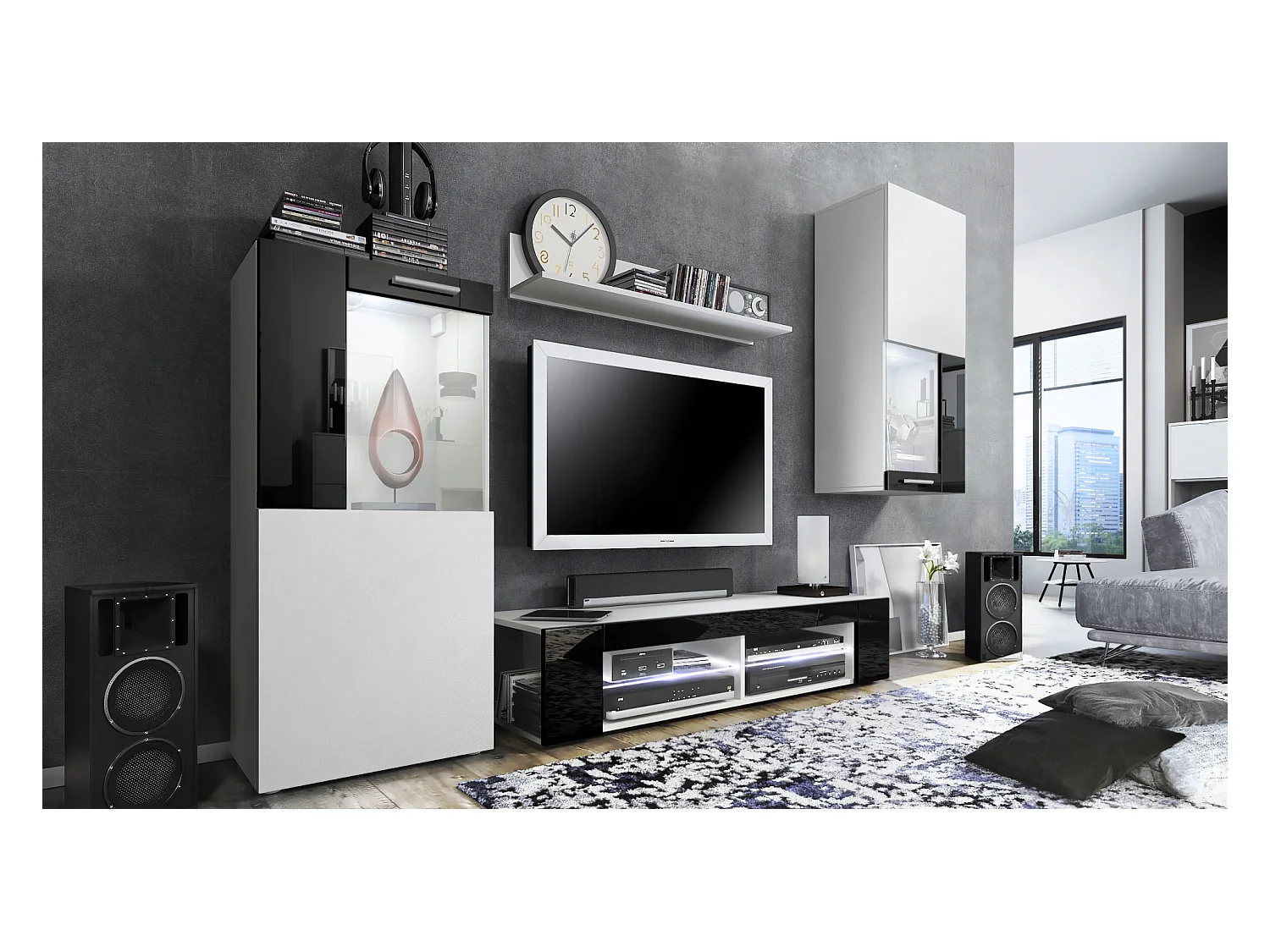 Ensemble de salon Movie comprenant 1 meuble bas TV, 2 vitrines et 1 étagère, Blanc mat/Noir haute brillance, (Dimensions totales : 300 x 190 x 39 cm)